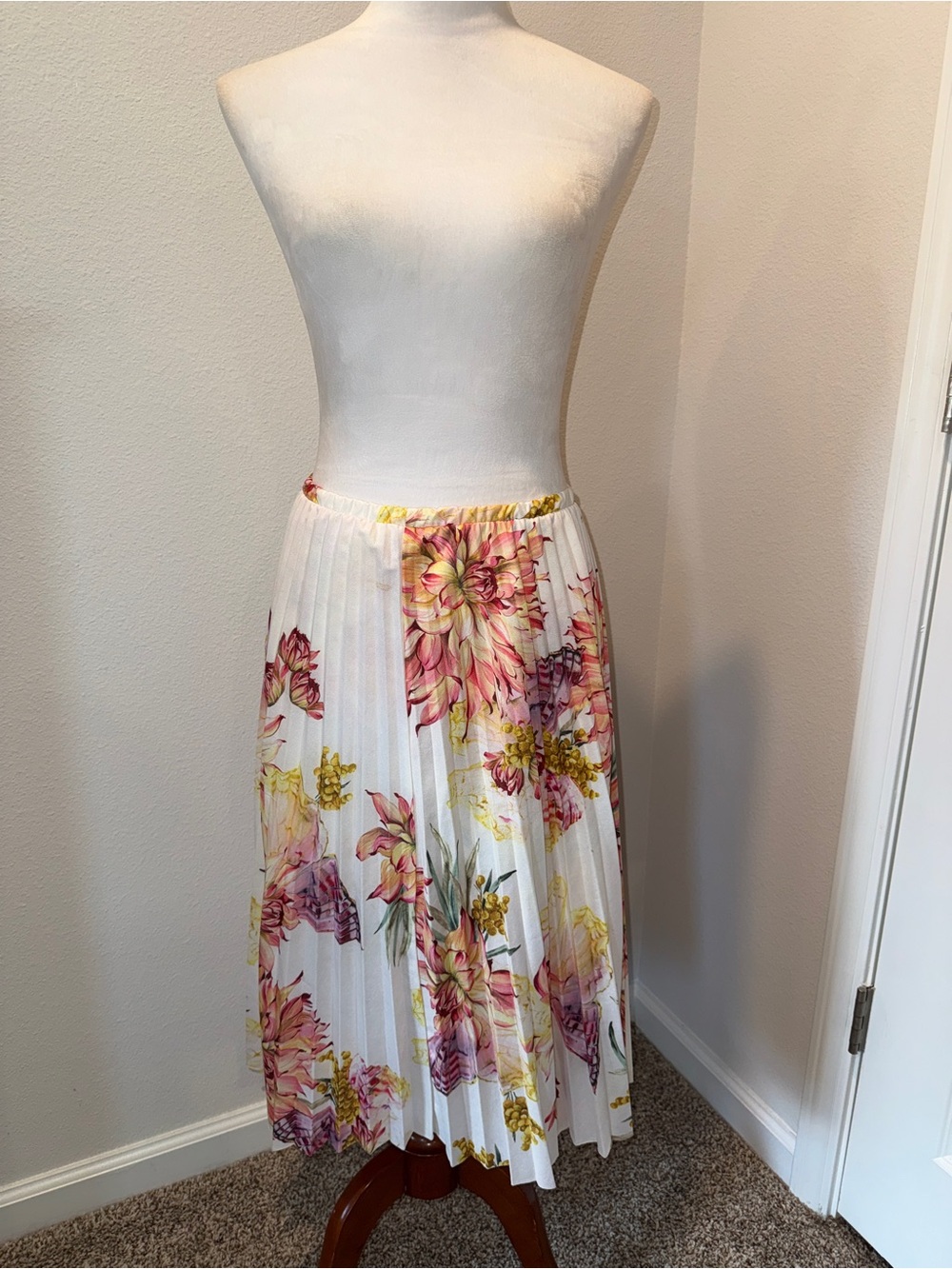 Women’s Floral Pleated Midi Skirt Lined Elastic Waist Pull On M